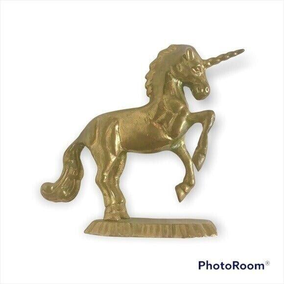 100% Solid Brass Vintage Unicorn 4.5 Inch Figure Statue Paperweight With Tarnish - Picture 2 of 11